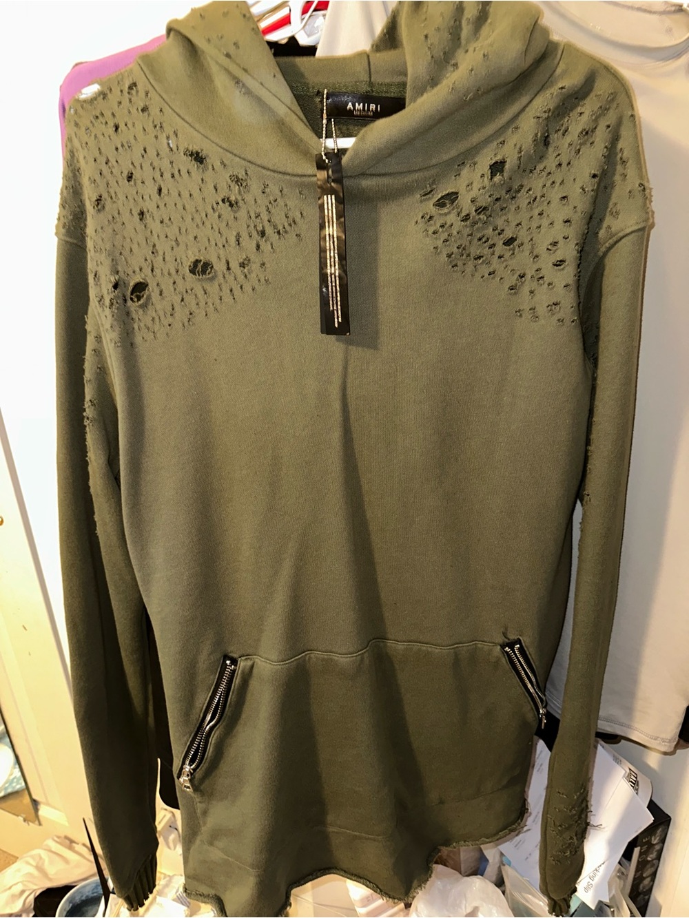 AMIRI Olive Green Distressed Hoodie with Zip Pockets